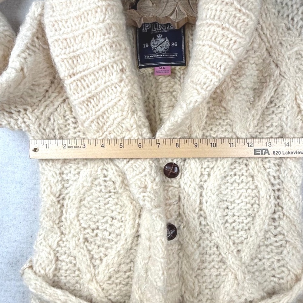 Y2K PINK Cream 100% Wool Cable Knit Belted Cardigan Sweater M Grandpa prepy - Picture 6 of 10